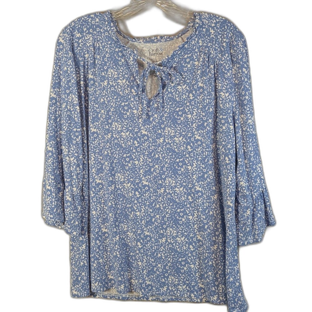 Croft & Barrow Blouse Women Size LARGE Blue White Floral 3/4 Sleeve Cottagecore